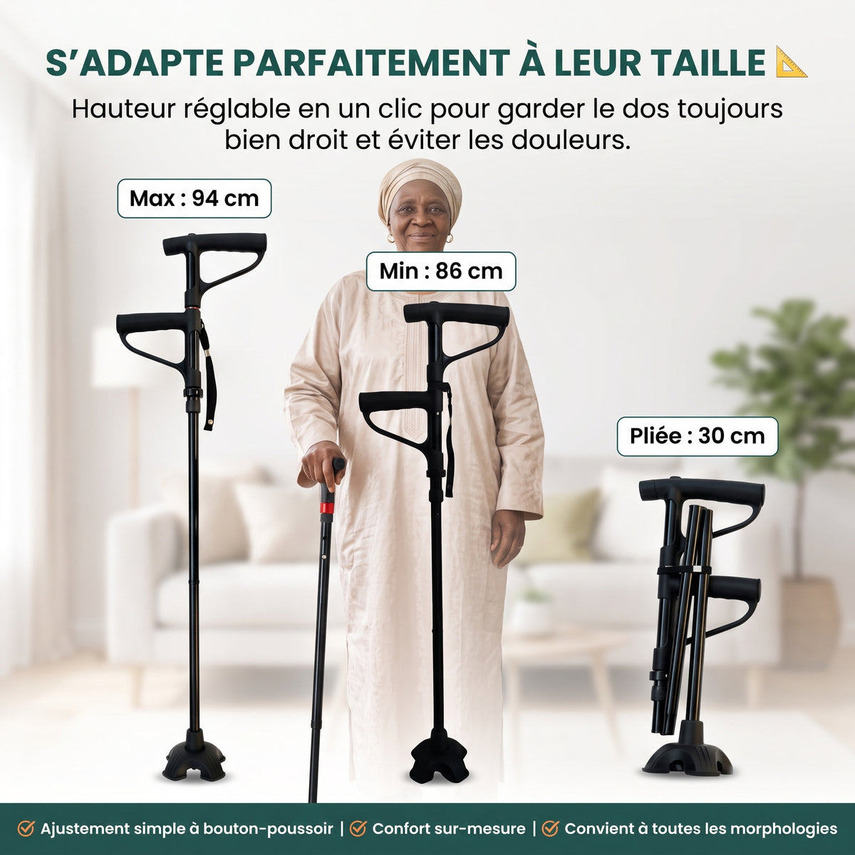 Canne pliante fiable avec lumières intégrées