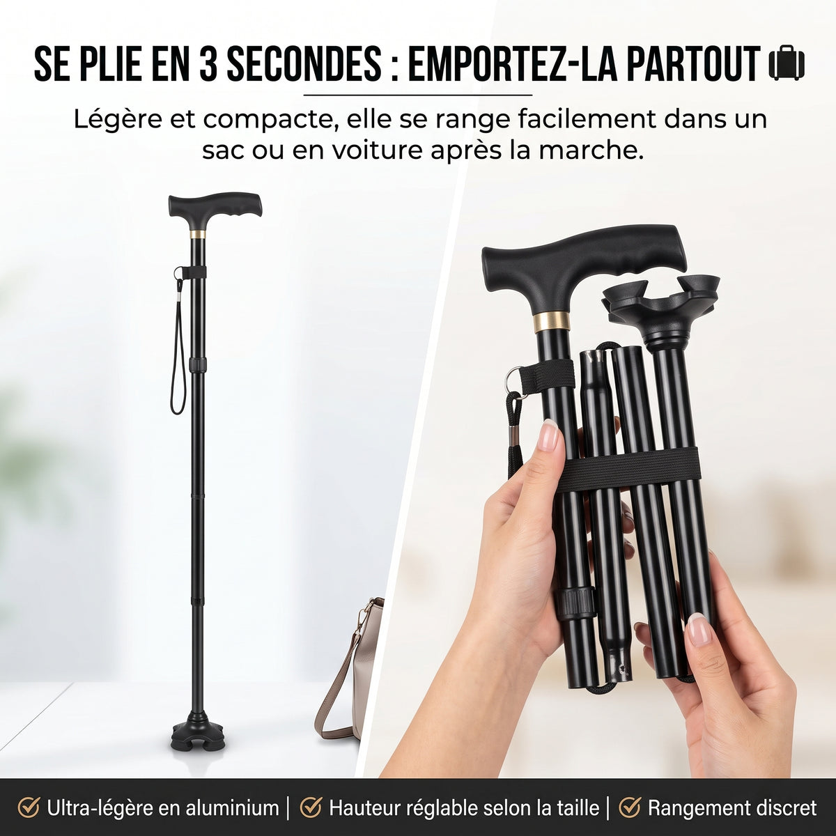 Canne pliante fiable avec lumières intégrées