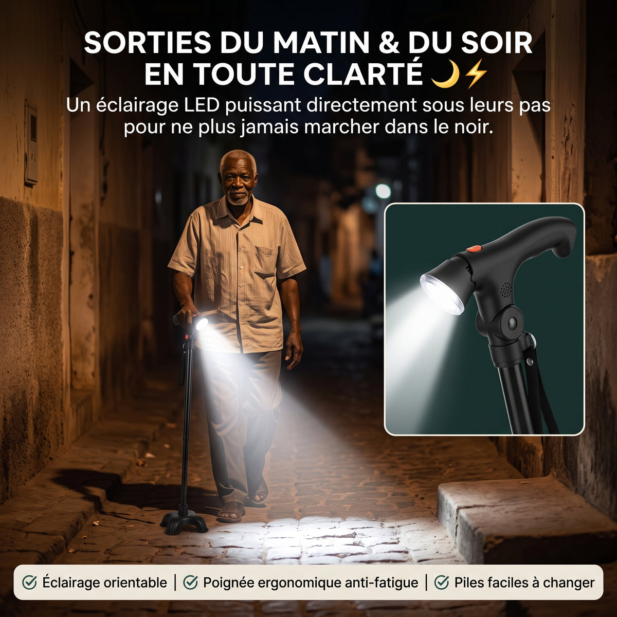 Canne pliante fiable avec lumières intégrées